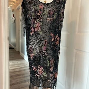 Haute Hippie Black Mesh Dress with Pink & Green Beaded Florals